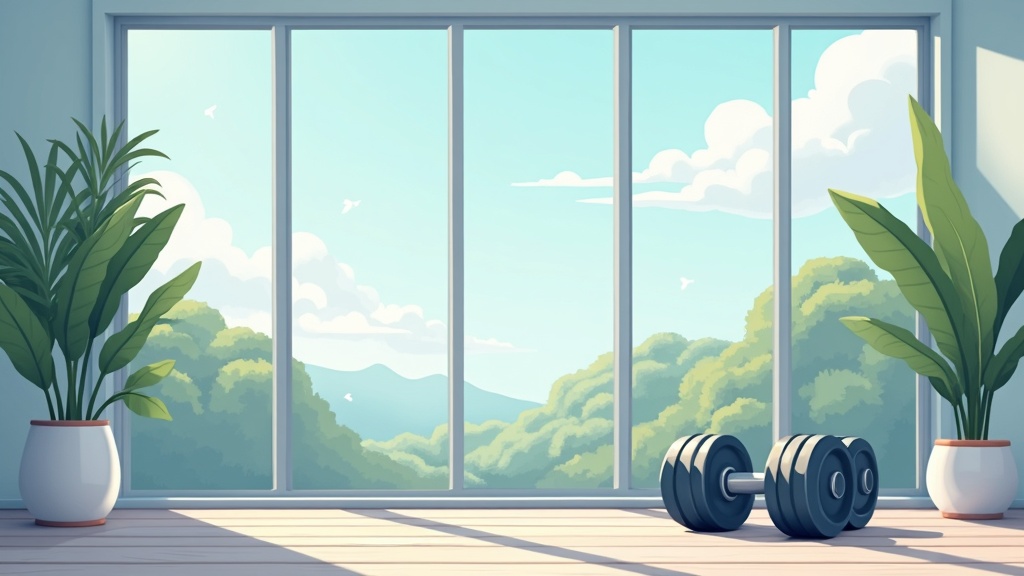 Illustration of dumbbells and a peaceful, calming gym environment designed for mental well-being.